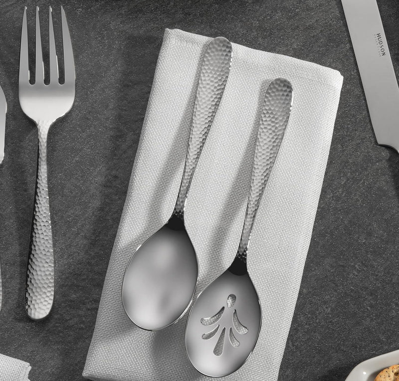 Hudson Essentials 9-Piece Bergamo Hammered 18/10 Stainless Steel Serving Fork & Serving Spoon Set - Flatware Silverware