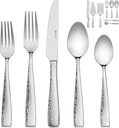 Hudson Essentials Hammered 18/10 Stainless Steel Flatware Silverware Set - Mirror Finish- OPEN BOX ITEM