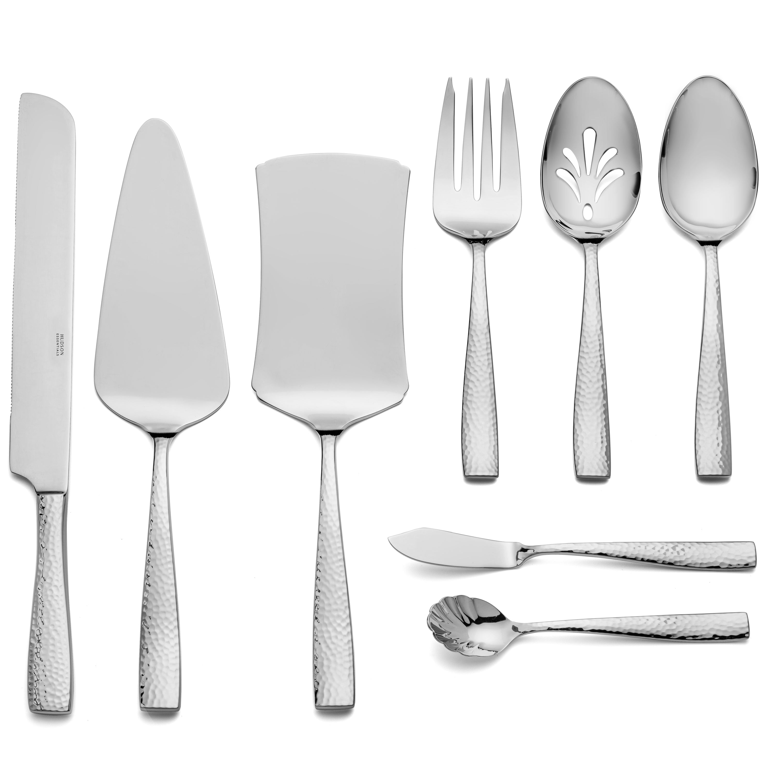 Hudson Essentials 8-Piece Hammered 18/10 Stainless Steel Serving Utensil Set - Hostess Silverware with Cake Knife