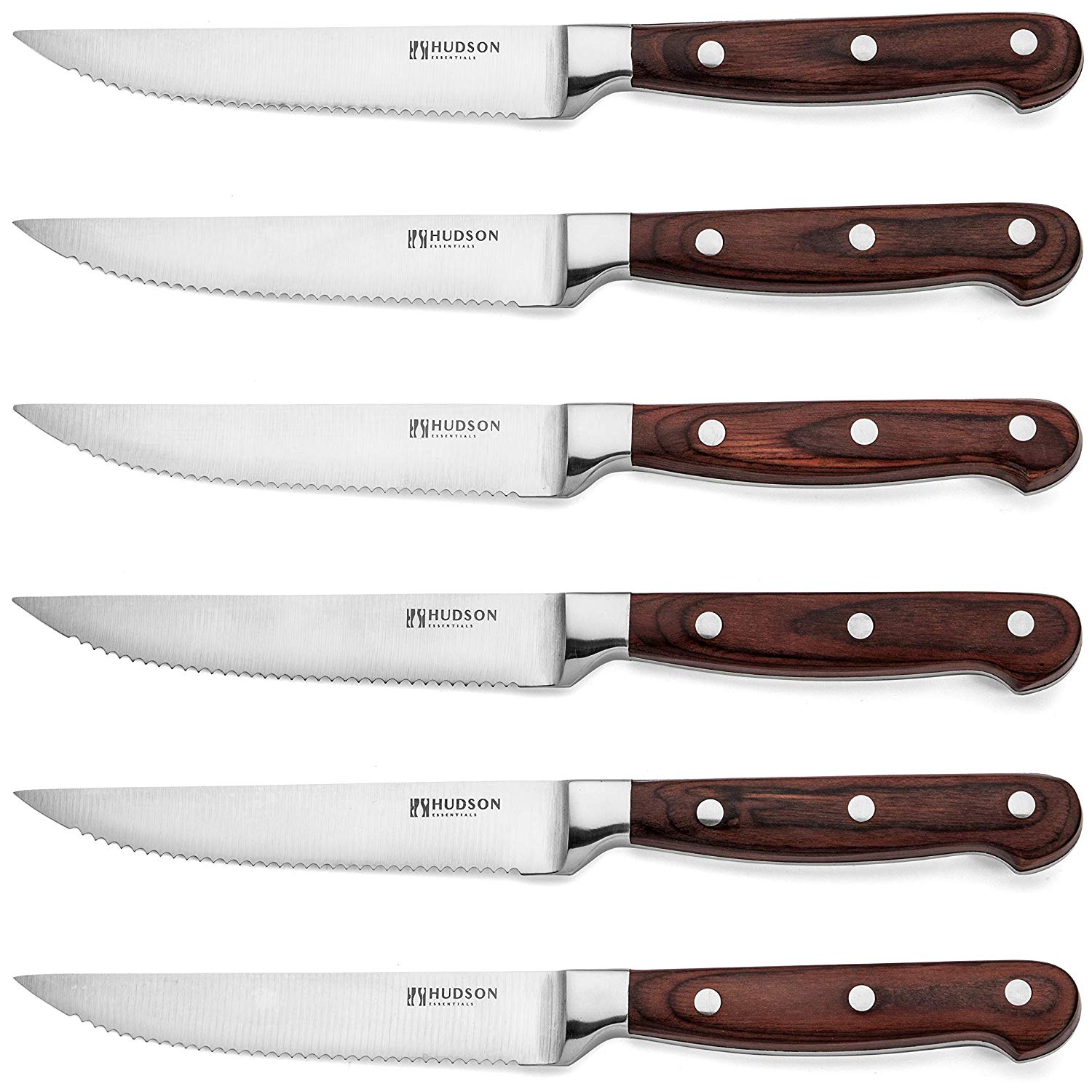 Hudson Essentials Steak Knife Set of 6 - Serrated German Steel Blade and Pakkawood Handle