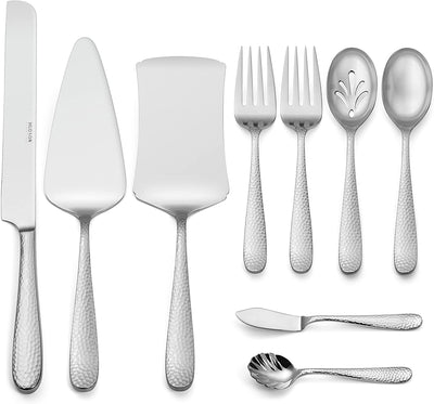 Hudson Essentials 9-Piece Bergamo Hammered 18/10 Stainless Steel Hostess Serving Utensil Set - Flatware Silverware with Wedding Cake Knife & Cake Server - Perfect for Weddings, Engagements and Parties